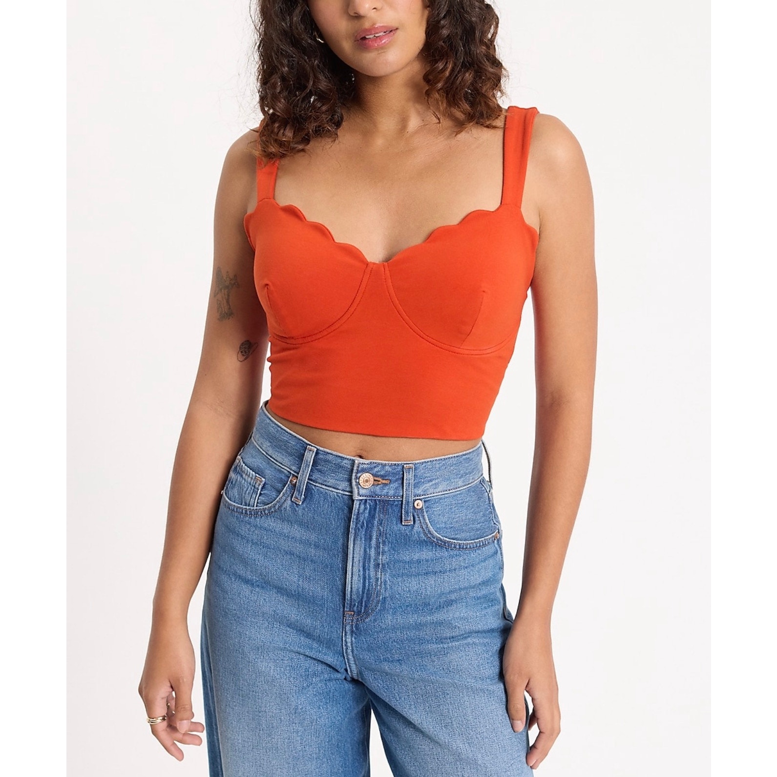 Express Body Contour Stretch Cotton Scalloped Bustier Cropped Tank - Xl, Nwt